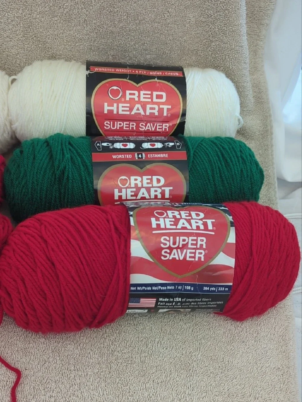 Red Heart Super Saver Yarn's in Red, White, and Green